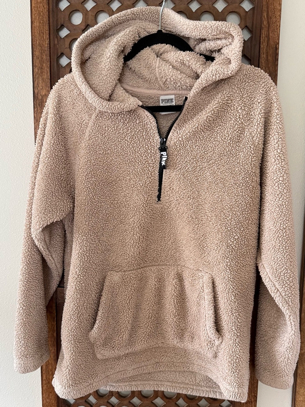 PINK Victoria’s Secret Sherpa Hoodie 1/4 Zip Pullover XS Beige Cozy Teddy Fleece